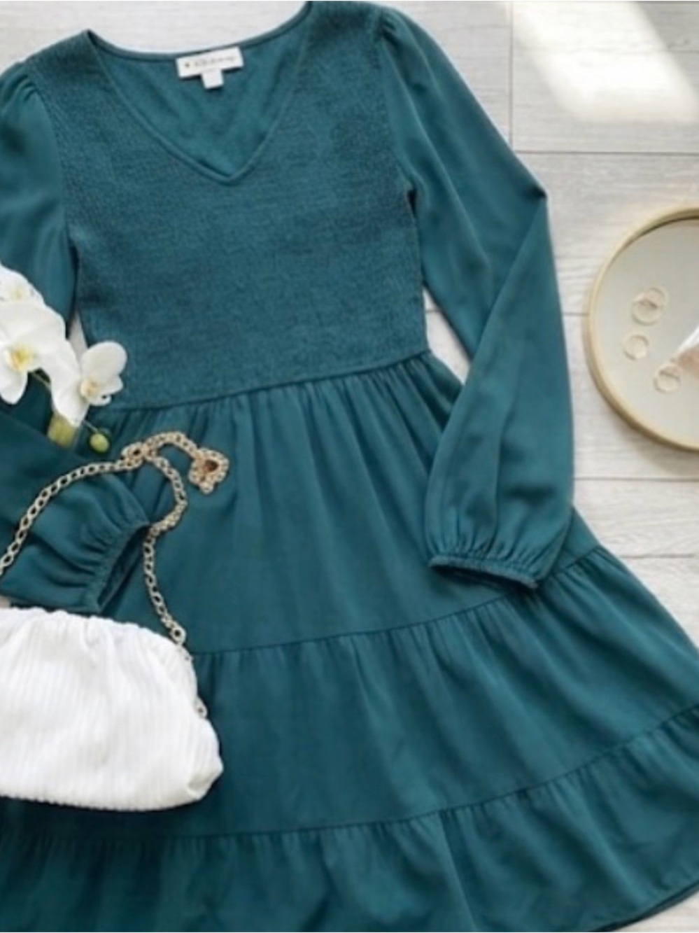Teal v neck smocked dress
